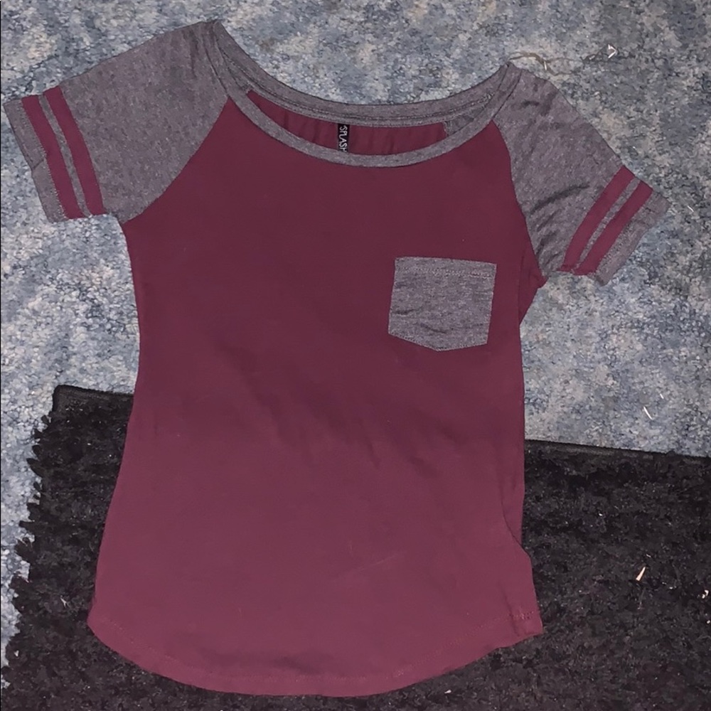 Maroon Baseball Tee shirt/ wide neck/ pocket